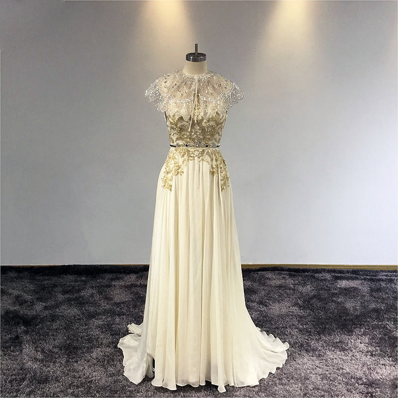 Priya - Boho Luxe Wedding Dress in Grecian Style With Ornate Champagne Gold Beading