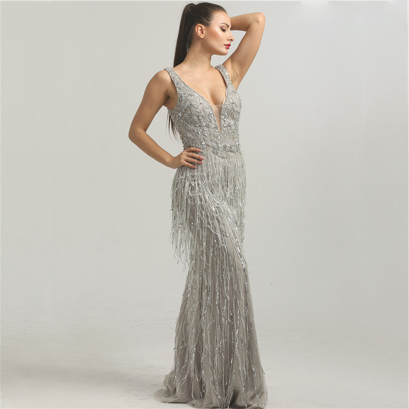 Botanical Embroidered 20's Gatsby Style Embellished Swing Tassel Dress in Blush or Silver - Seline