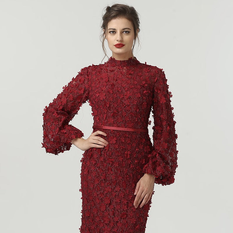 High Neck Floral Appliqué Evening Dress with Sweep Train in Red in Long Balloon Sleeves- Veronique