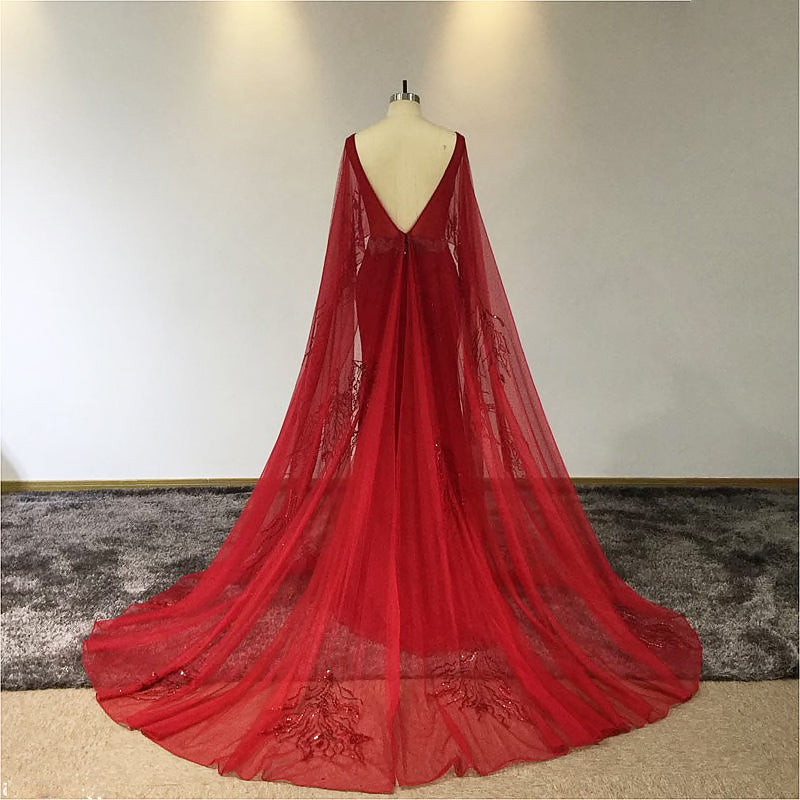 Vivien - Red Caped Open Back Diva Gown Bridal Gown, Evening Dress With Train