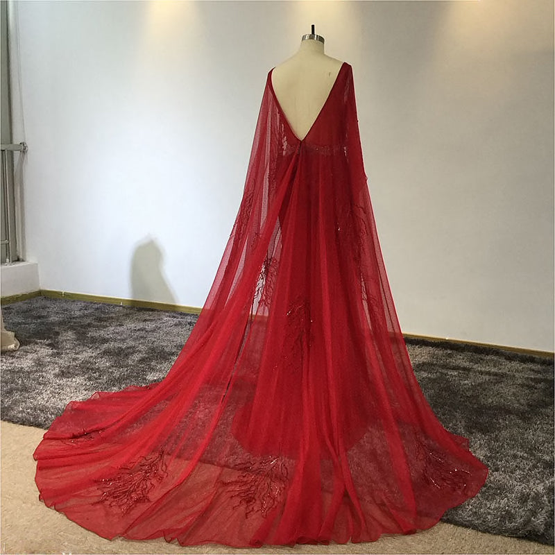 Vivien - Red Caped Open Back Diva Gown Bridal Gown, Evening Dress With Train